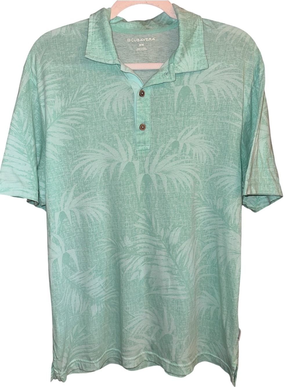Cubavera Light Teal Blue Lightweight Tropical Palm-Print Short Sleeve Polo Sz M